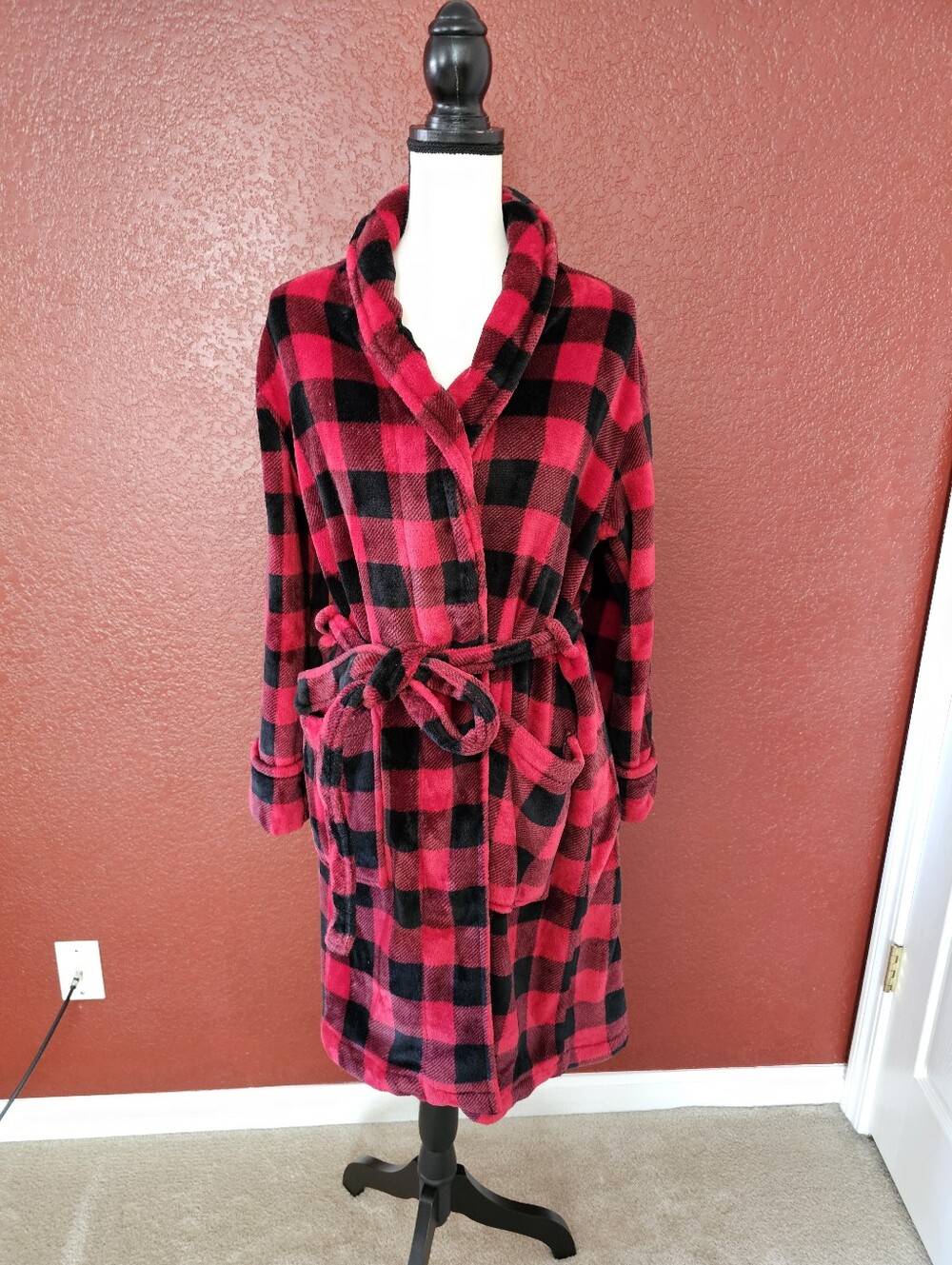 Charter Club Red and Black Buffalo Plaid Plush Robe-Style Puffer Coat